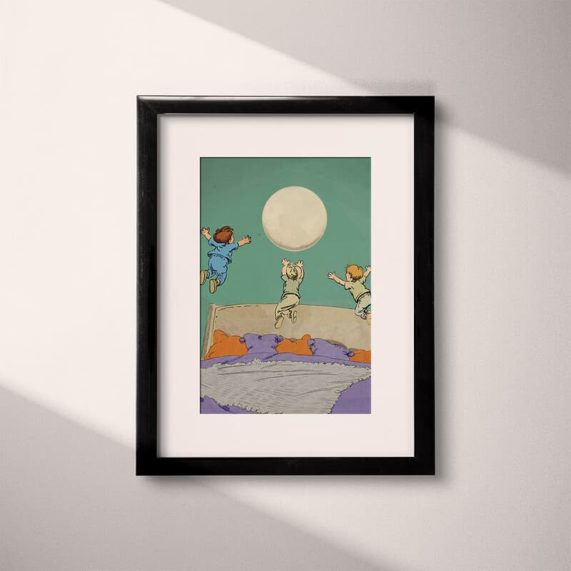 Matted frame view of A cute simple cartoon drawing, kids jumping on a bed under the moon