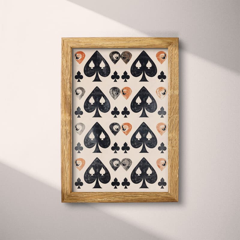 Full frame view of A mid-century textile print, symmetric pattern of spades and clubs