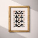 Matted frame view of A mid-century textile print, symmetric pattern of spades and clubs