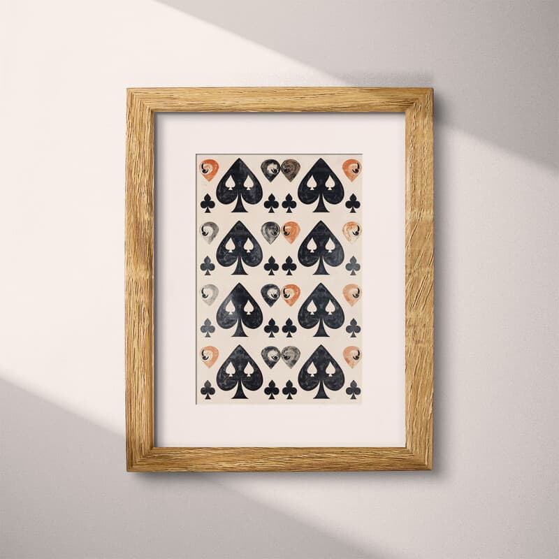 Matted frame view of A mid-century textile print, symmetric pattern of spades and clubs