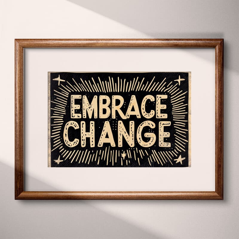 Matted frame view of A vintage linocut print, the words "EMBRACE CHANGE"