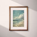 Matted frame view of An impressionist oil painting, beach shore, puffy white clouds