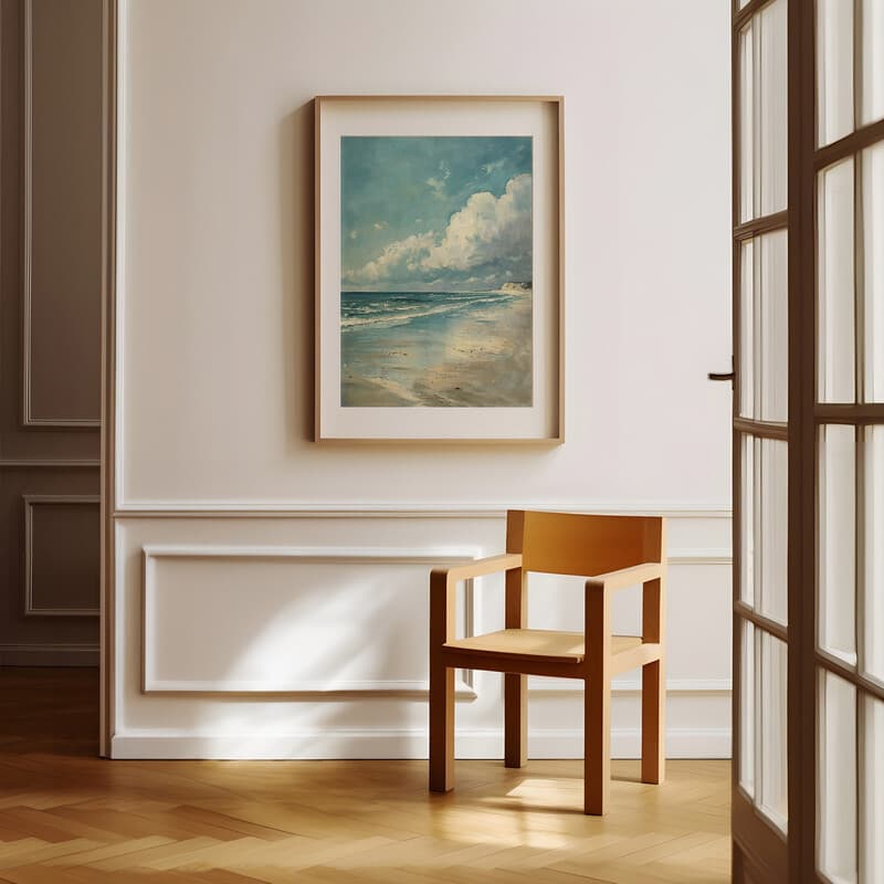 Room view with a matted frame of An impressionist oil painting, beach shore, puffy white clouds