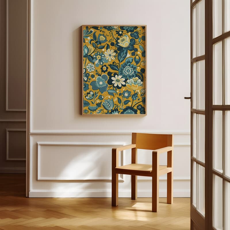 Room view with a full frame of A bohemian textile print, simple floral pattern