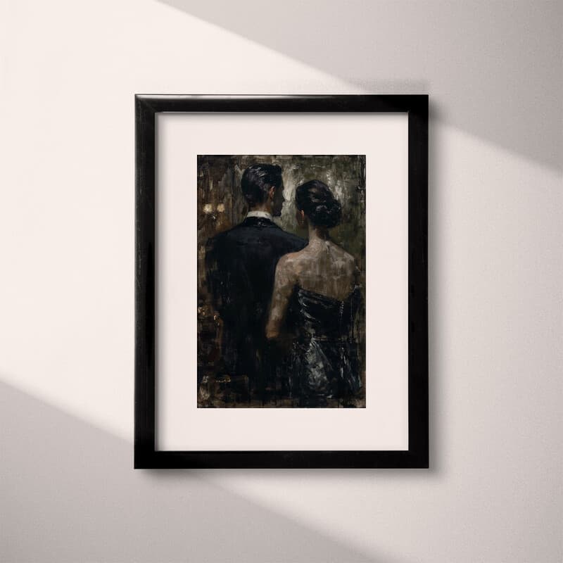 Matted frame view of A vintage oil painting, man and woman at an opera, back view