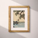 Matted frame view of A vintage cartoon drawing, swings on a tree branch over a lake