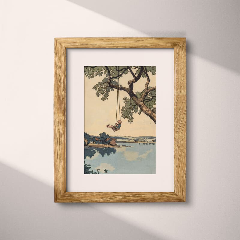 Matted frame view of A vintage cartoon drawing, swings on a tree branch over a lake