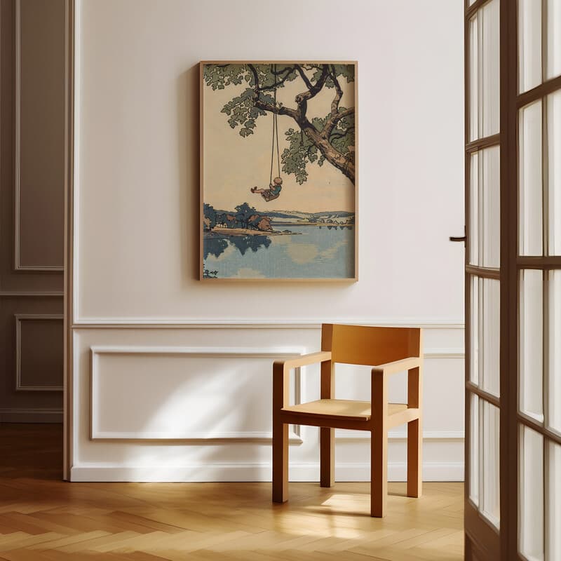 Room view with a full frame of A vintage cartoon drawing, swings on a tree branch over a lake