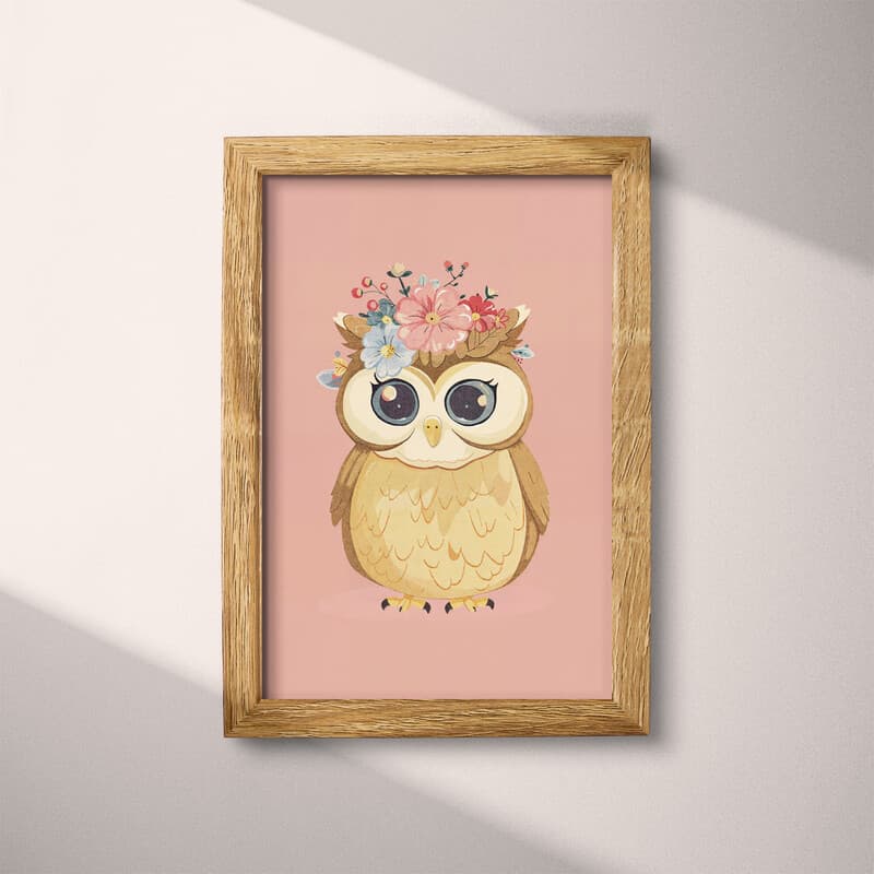 Full frame view of A cute simple cartoon drawing, an owl with flowers on its head