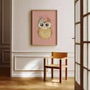 Room view with a full frame of A cute simple cartoon drawing, an owl with flowers on its head