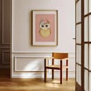 Room view with a matted frame of A cute simple cartoon drawing, an owl with flowers on its head