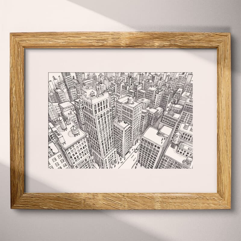 Matted frame view of A vintage graphite sketch, aerial view of a city block