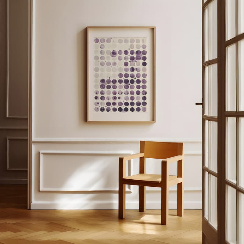 Room view with a matted frame of A contemporary textile print, dots grid pattern