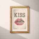 Full frame view of A vintage linocut print, the word "KISS" with a set of lips