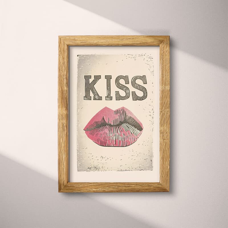 Full frame view of A vintage linocut print, the word "KISS" with a set of lips