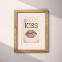 Matted frame view of A vintage linocut print, the word "KISS" with a set of lips