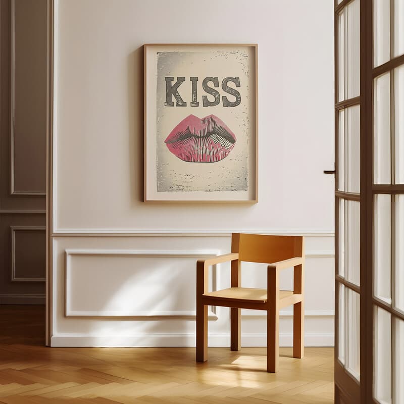 Room view with a full frame of A vintage linocut print, the word "KISS" with a set of lips