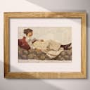 Matted frame view of A vintage oil painting, woman laying on lounge, side view