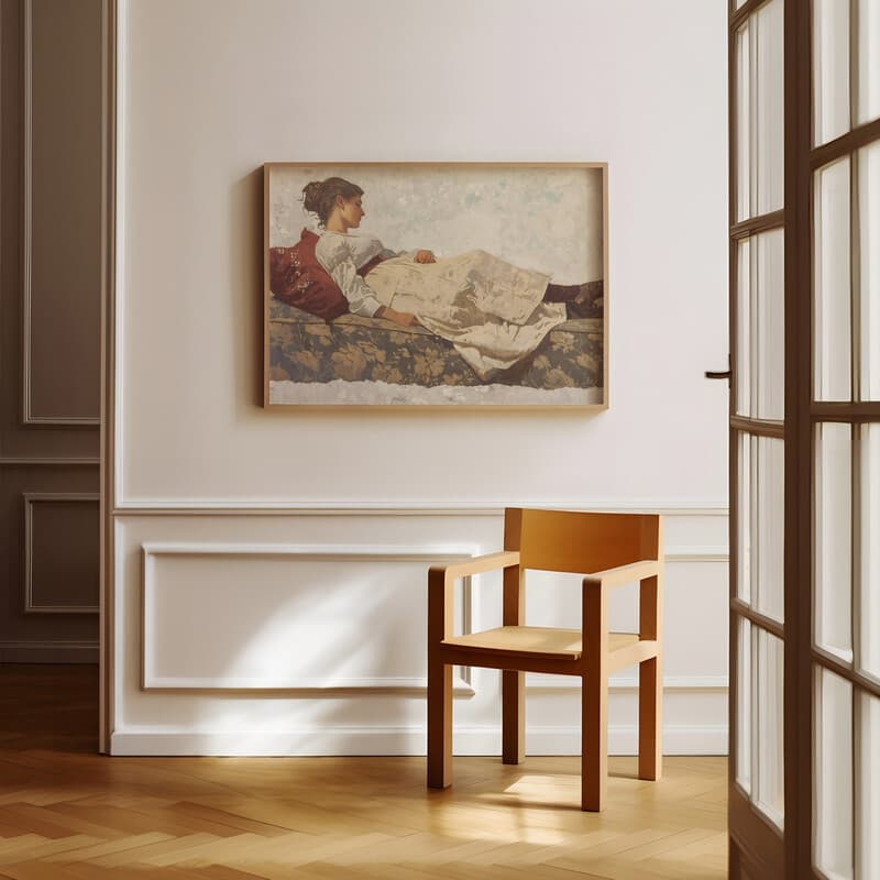 Room view with a full frame of A vintage oil painting, woman laying on lounge, side view