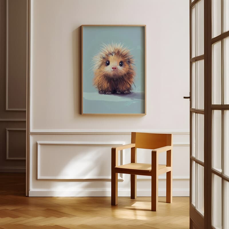 Room view with a full frame of A cute chibi anime pastel pencil illustration, a porcupine