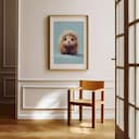 Room view with a matted frame of A cute chibi anime pastel pencil illustration, a porcupine