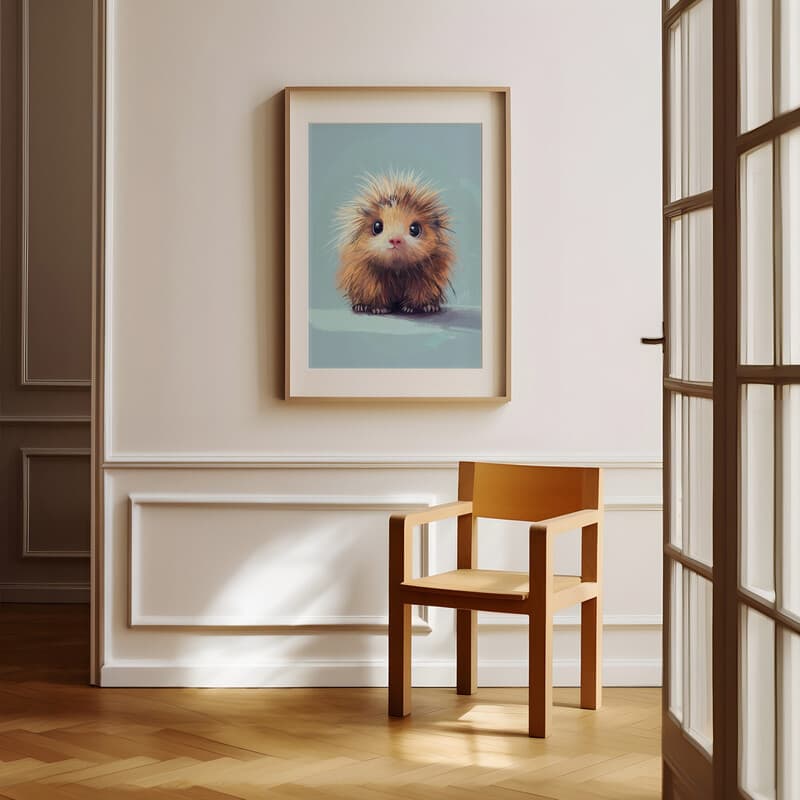 Room view with a matted frame of A cute chibi anime pastel pencil illustration, a porcupine