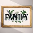 Full frame view of A vintage linocut print, the word "FAMILY" with plants