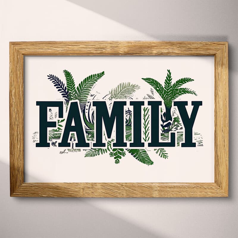 Full frame view of A vintage linocut print, the word "FAMILY" with plants