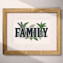 Matted frame view of A vintage linocut print, the word "FAMILY" with plants