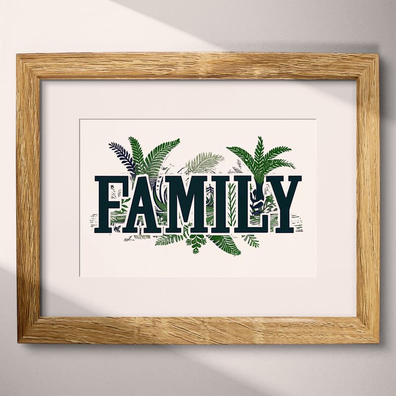 Matted frame view of A vintage linocut print, the word "FAMILY" with plants