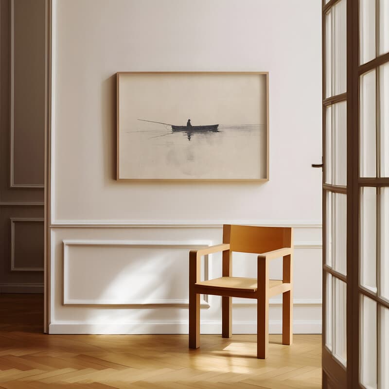 Room view with a full frame of A vintage graphite sketch, a person fishing in a boat