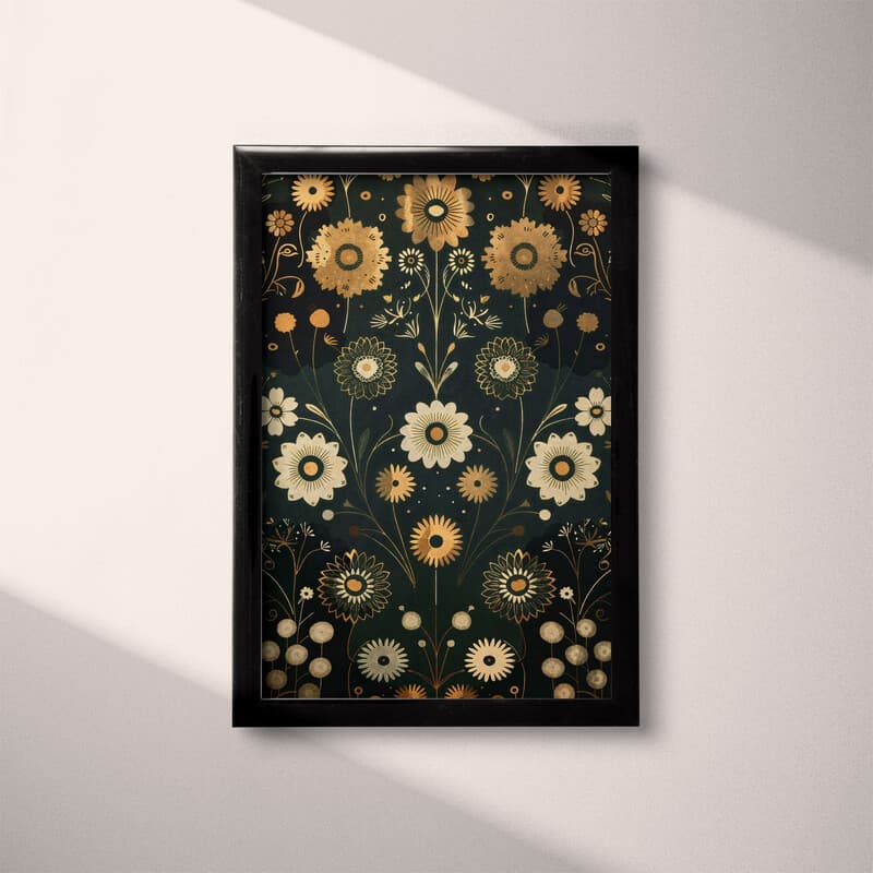 Full frame view of A contemporary textile print, symmetric floral pattern