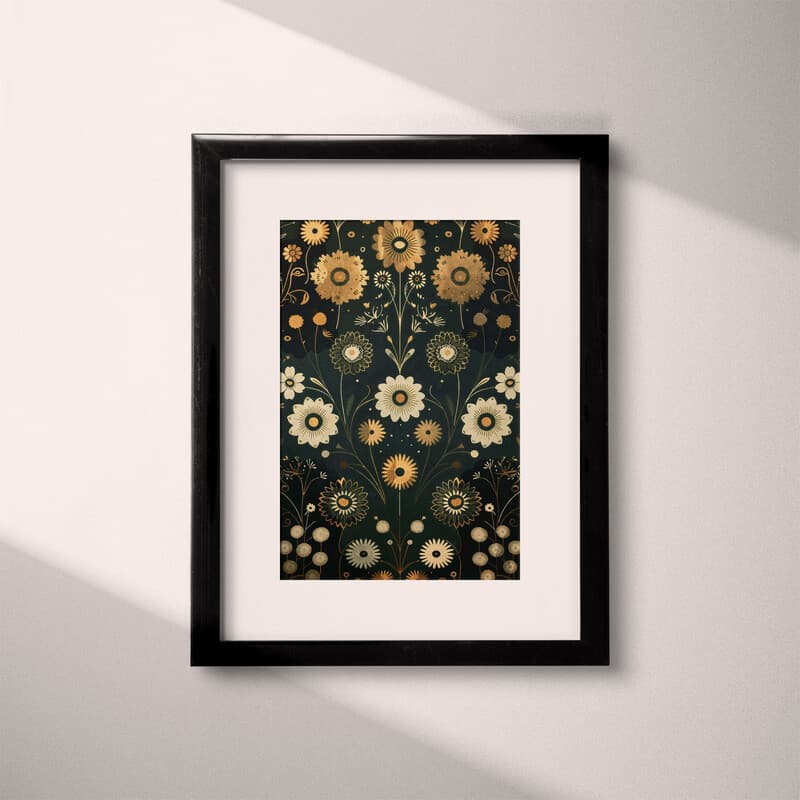 Matted frame view of A contemporary textile print, symmetric floral pattern