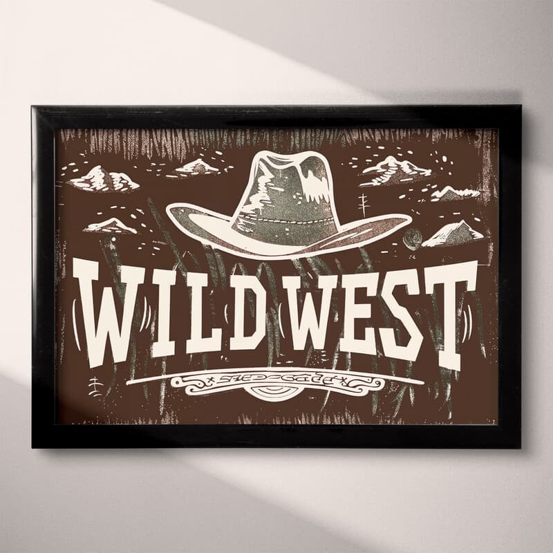 Full frame view of A vintage linocut print, the words "WILD WEST" with a cowboy hat