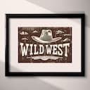 Matted frame view of A vintage linocut print, the words "WILD WEST" with a cowboy hat