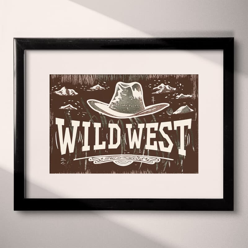 Matted frame view of A vintage linocut print, the words "WILD WEST" with a cowboy hat