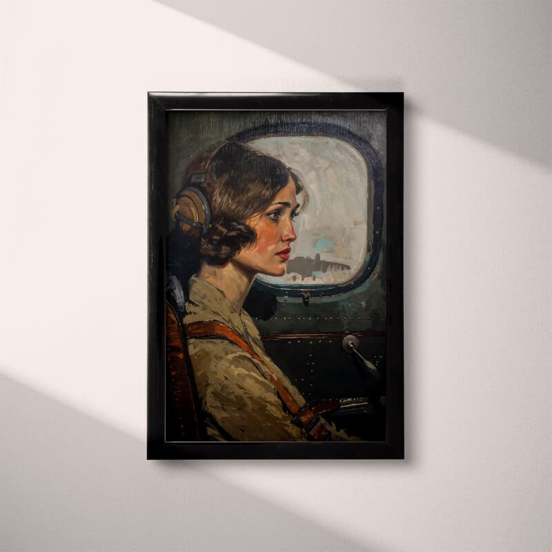 Full frame view of A vintage oil painting, a woman in an airplane, side view