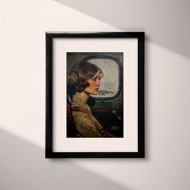 Matted frame view of A vintage oil painting, a woman in an airplane, side view