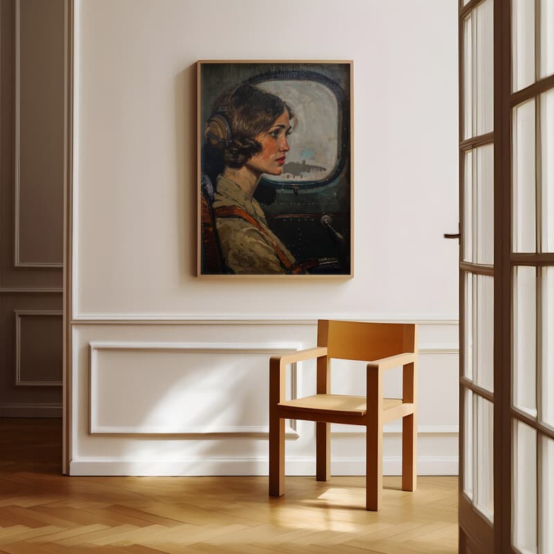 Room view with a full frame of A vintage oil painting, a woman in an airplane, side view