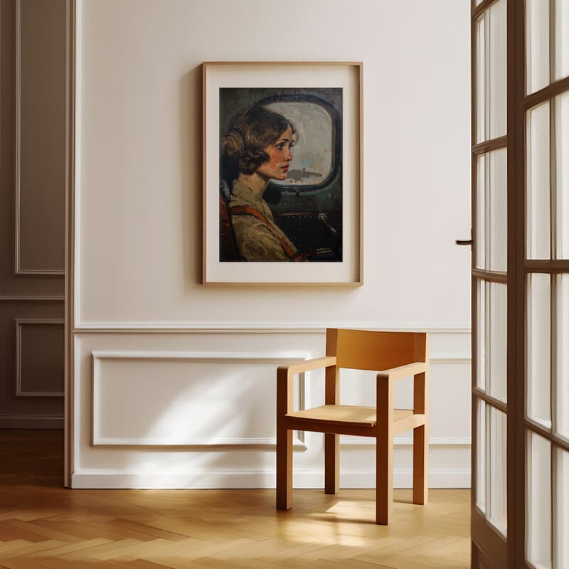 Room view with a matted frame of A vintage oil painting, a woman in an airplane, side view