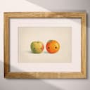 Matted frame view of A cute chibi anime pastel pencil illustration, an apple and an orange