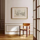 Room view with a matted frame of A vintage graphite sketch, patio chairs