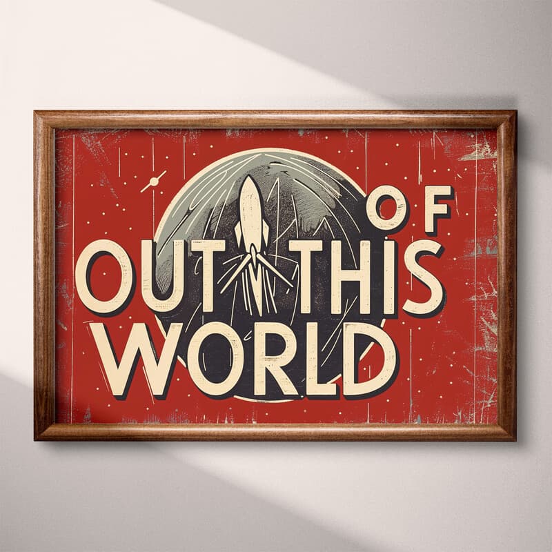 Full frame view of A vintage linocut print, the words "OUT OF THIS WORLD" with a rocketship