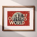 Matted frame view of A vintage linocut print, the words "OUT OF THIS WORLD" with a rocketship