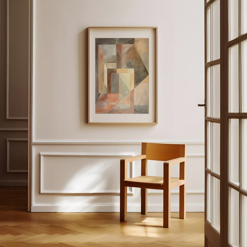Room view with a matted frame of An abstract impressionist oil painting, geometric shapes