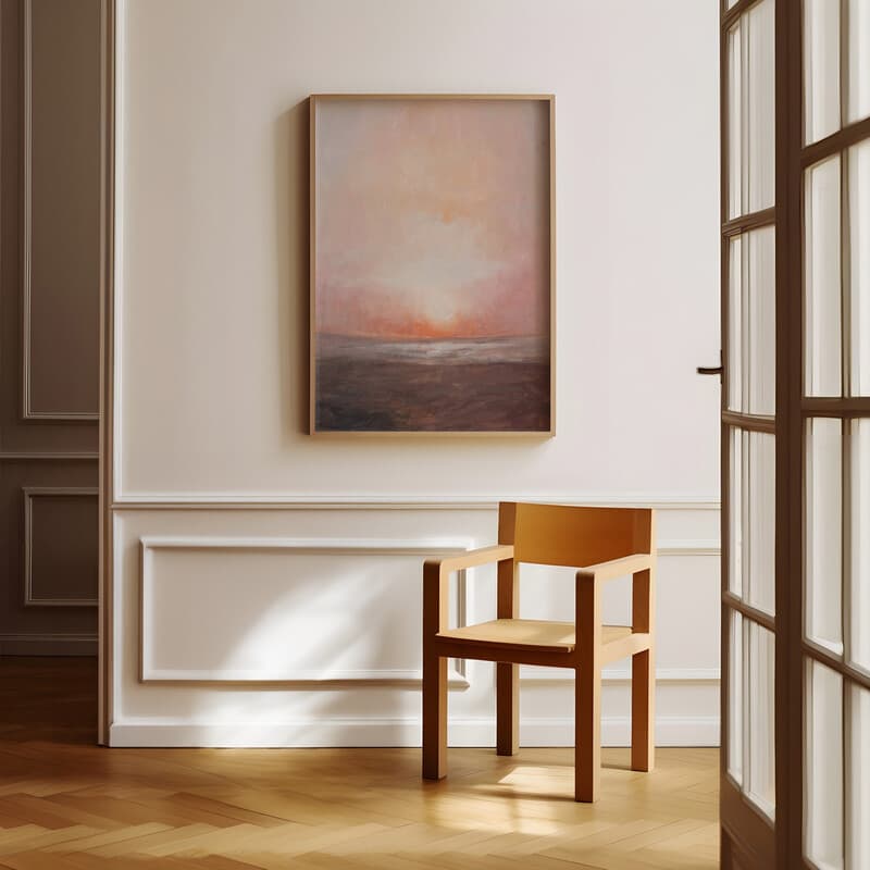 Room view with a full frame of An abstract contemporary oil painting, a sunset