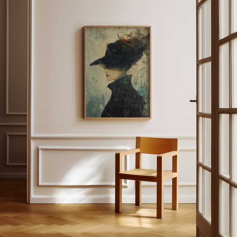 Room view with a full frame of An abstract vintage oil painting, a fashionable woman