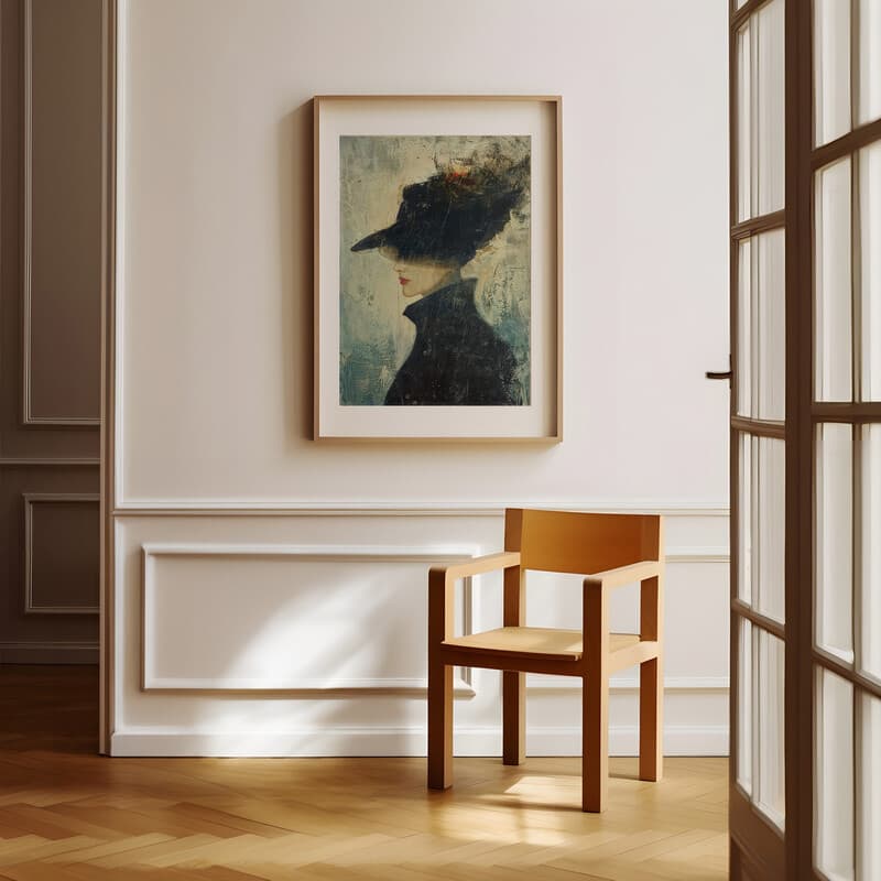 Room view with a matted frame of An abstract vintage oil painting, a fashionable woman