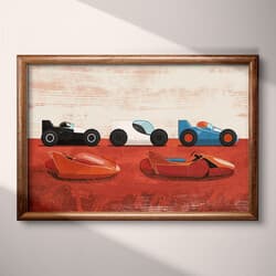 Racecars Art | Automotive Wall Art | Travel & Transportation Print | Brown, White, Black, Blue and Pink Decor | Cute Simple Wall Decor | Kids Digital Download | Back To School Art | Summer Wall Art | Simple Illustration