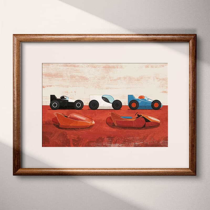 Matted frame view of A cute simple illustration with simple shapes, racecars